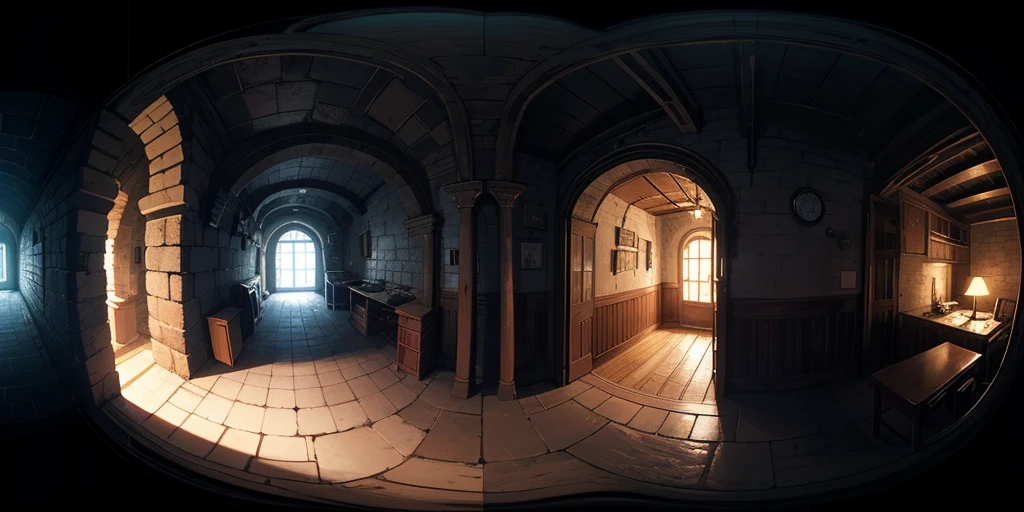 Equirectangular 360-degree panorama view photo with left and right ends seamlessly connected. first person, ((darkness)), fantasy, dungeon, indoor