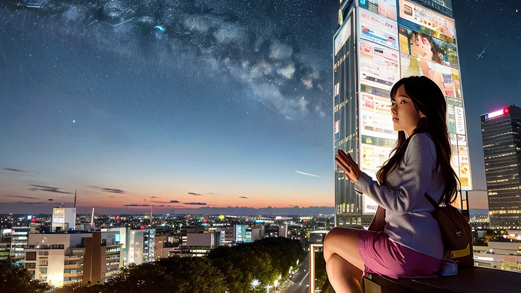 octans, sky, star (sky), scenery, starry sky, night, 1girl, night sky, solo, outdoors, building, cloud, sitting, tree, long hair, city, silhouette, cityscape,City from a distance, tokyo, city billboard, the sky,20 year old sexy girl　profile　From the roof of the building　Many buildings
