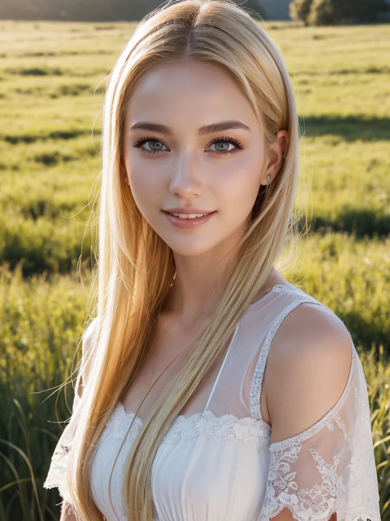 1Women, unique faces, (beautiful women, blonde hair), (smile:1.2), (beautiful lace costumes), (Best Quality:1.4), Realistic, extremely detailed CG unified 8k wallpaper, highly detailed, High-definition raw color photos, professional photography, Realistic portrait, Close up portrait of Women, Outdoors, Beautiful scenery, grassland, nature, vastness, elegance, Beautiful detailed, upper body photos, (Fine face:1.2),