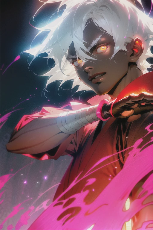 kurapika, japanese homen, white  hair, yellow  eyes, red outlined, ripped japanese kimono, pose de monge, backlight light particles
