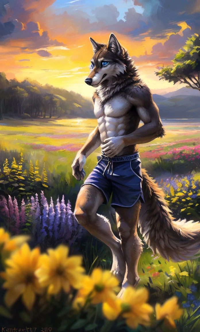 ((Solo)), male people, anthro wolf, (Multi-colored fur, White-brown:1.3，White tail pointed), (Height 2.1m,Tail length 1.2m), ((Wolf face, Big eyes, White eyelids, Blue pupil, Slim:1.2) (Tough, Calm expression:1.2)), Abs, Slim, pinging)), (Correct anatomy), (Work shorts:1.1), The upper body  naked, (detailed outfits),A long big tail，Feet，(Realistic fur, Detailed fur texture, labeled:1.3)), (Natural lighting), Photorealistic, Hyperrealistic, ultradetailed, by Kenket，In a sea of flowers，erect through，Running on