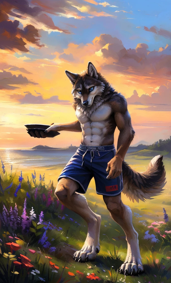 ((Solo)), male people, anthro wolf, (Multi-colored fur, White-brown:1.3，White tail pointed), (Height 2.1m,Tail length 1.2m), ((Wolf face, Big eyes, White eyelids, Blue pupil, Slim:1.2) (Tough, Calm expression:1.2)), Abs, Slim, pinging)), (Correct anatomy), (Work shorts:1.1), The upper body  naked, (detailed outfits),A long big tail，Feet，(Realistic fur, Detailed fur texture, labeled:1.3)), (Natural lighting), Photorealistic, Hyperrealistic, ultradetailed, by Kenket，In a sea of flowers，erect through，Running on