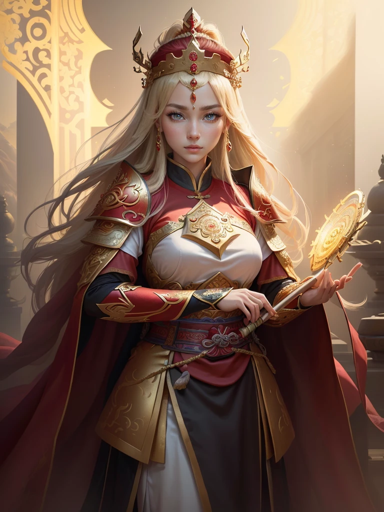 a painting of a woman in a red cape and a gold crown, inspired by Huang Shen, zhao yun, inspired by Li Kan, inspired by Huang Ding, inspired by Wu Bin, inspired by Fan Kuan, inspired by Cao Zhibai, inspired by Li Gonglin, bian lian, inspired by Zhao Yuan, xianxia hero, guan yu, Highly detailed CG unit 8k wallpaper, masterpiece, High resolution, highest quality, highest quality real texture skin, Super Real, Digital Painting, Best image quality, 最High resolution, 8k, (((Highly detailed eyes and face, Beautiful eyes every detail))), 