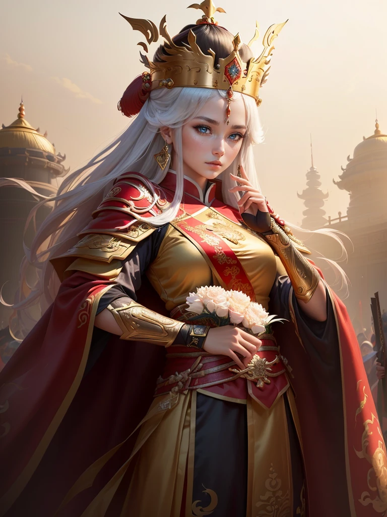 a painting of a woman in a red cape and a gold crown, inspired by Huang Shen, zhao yun, inspired by Li Kan, inspired by Huang Ding, inspired by Wu Bin, inspired by Fan Kuan, inspired by Cao Zhibai, inspired by Li Gonglin, bian lian, inspired by Zhao Yuan, xianxia hero, guan yu, Highly detailed CG unit 8k wallpaper, masterpiece, High resolution, highest quality, highest quality real texture skin, Super Real, Digital Painting, Best image quality, 最High resolution, 8k, (((Highly detailed eyes and face, Beautiful eyes every detail))),