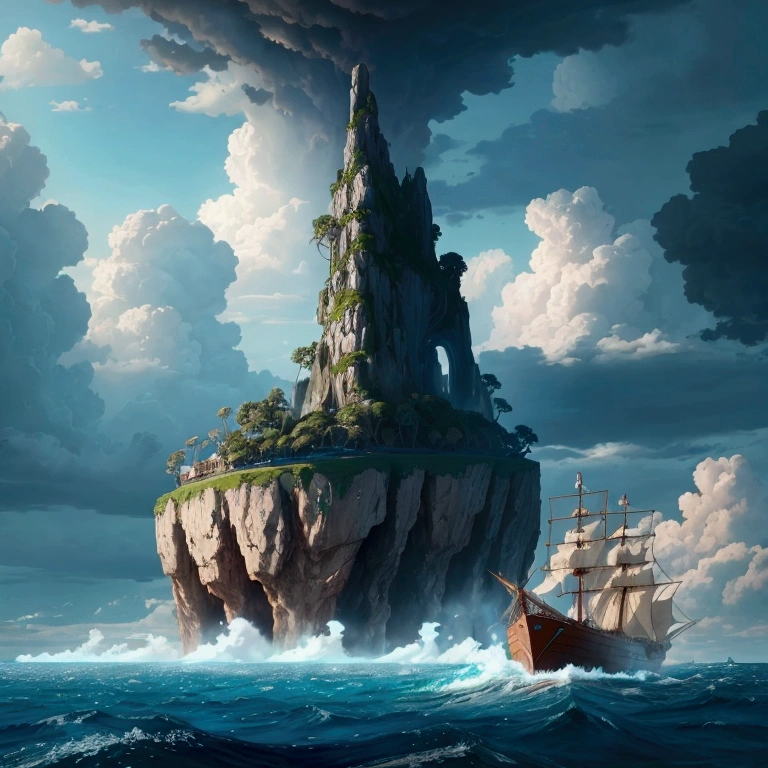 (masterpiece, best quality, vivid colors:1.2) a mysterious island that can be seen in the distance from a boat