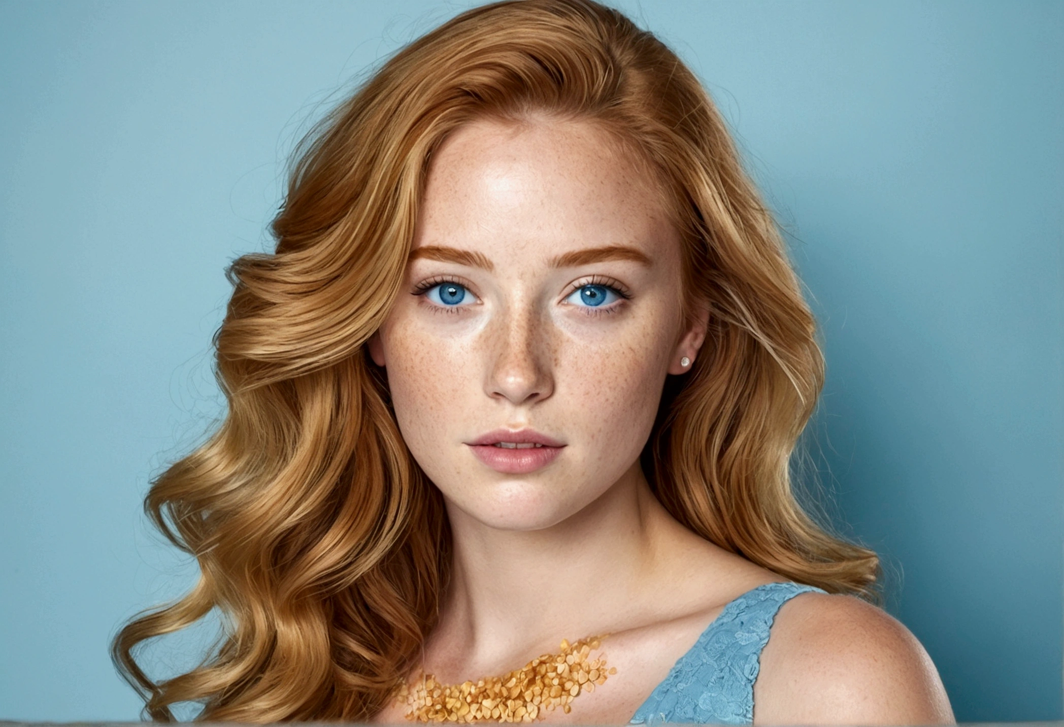 American woman with honey hair , clear blue eyes , with little freckles below your eyes. wearing a blue dress , whole body .
