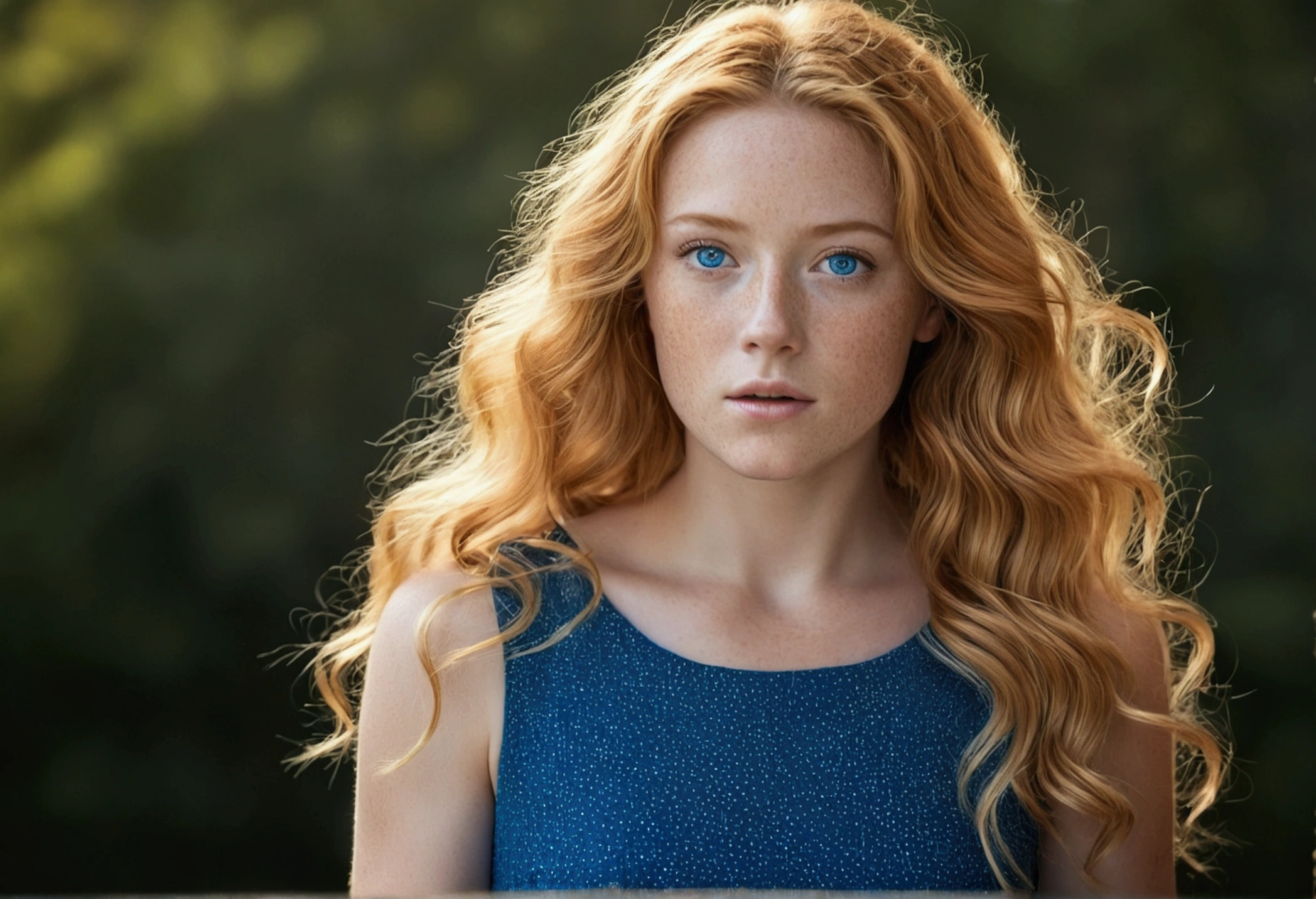 American woman with honey hair , clear blue eyes , with little freckles below your eyes. wearing a blue dress , whole body .