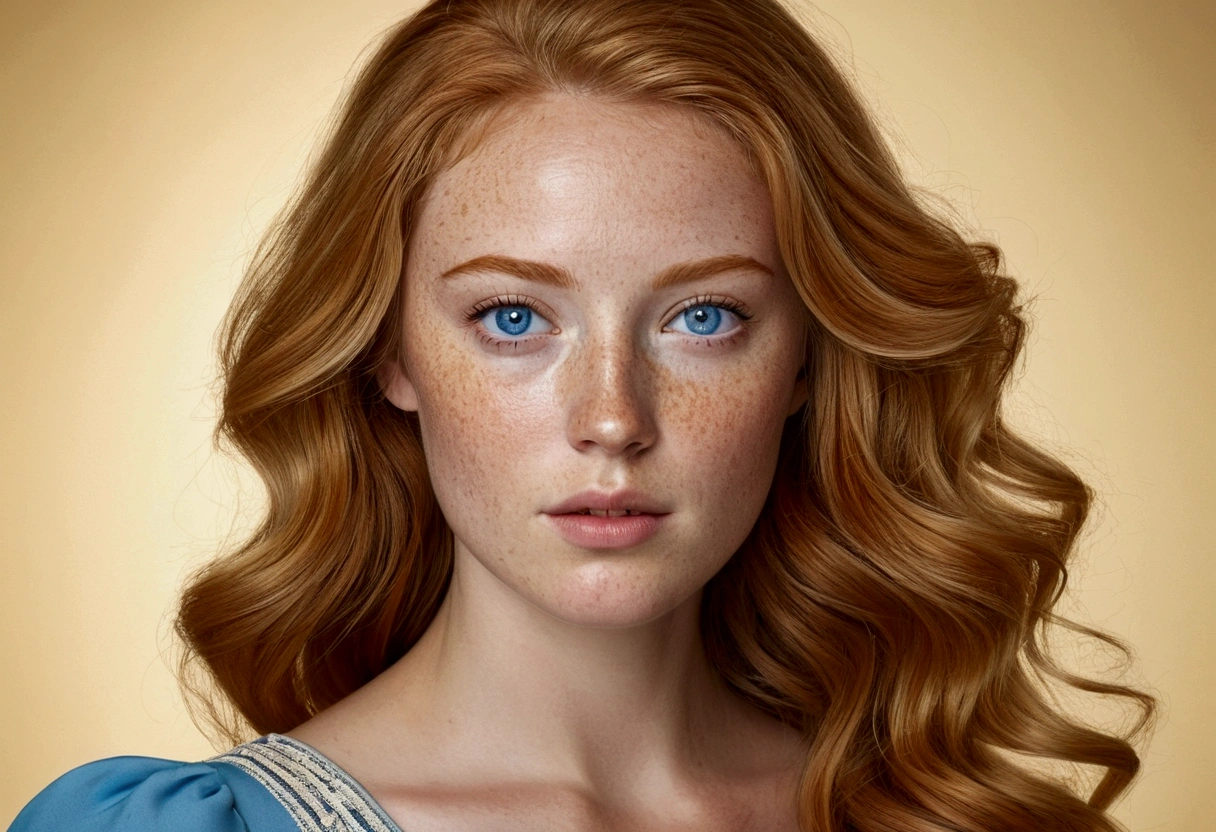 American woman with honey hair , clear blue eyes , with little freckles below your eyes. wearing a blue dress , whole body .