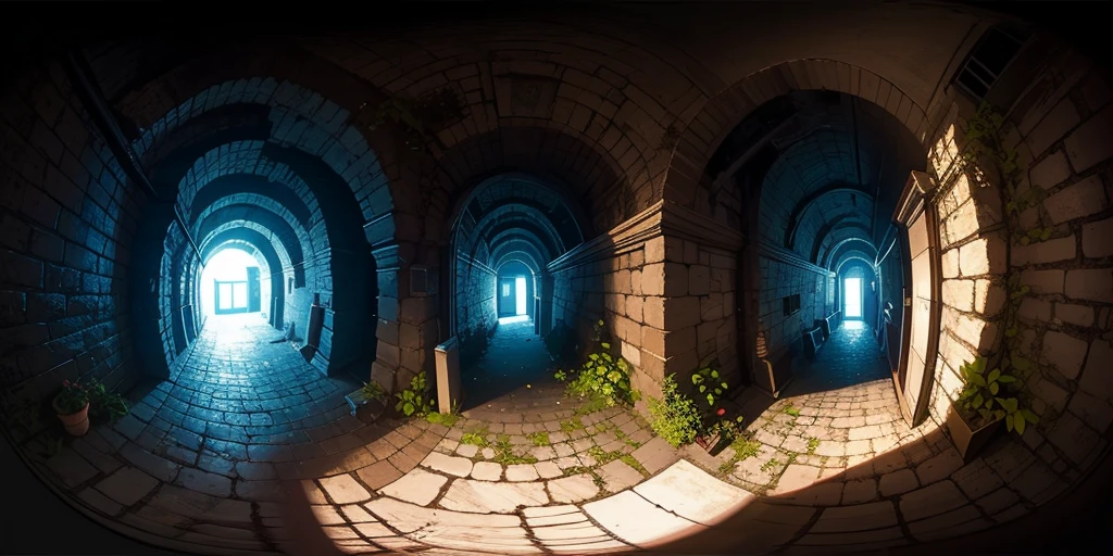 Equirectangular 360-degree panorama view photo with left and right ends seamlessly connected. first person, ((darkness)), fantasy, dungeon