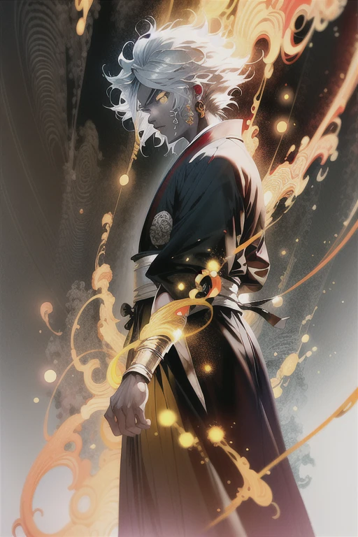 kurapika, japanese man, white hair, yellow eyes, red eyeliner, torn japanese kimono, monk pose, background light particles, hyper detailed, 8k, masterpiece, digital painting, cinematic lighting, dramatic, fantasy, moody