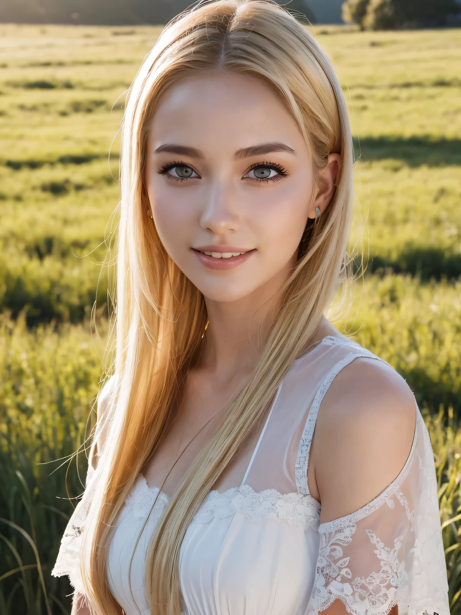 1Women, unique faces, (beautiful women, blonde hair), (smile:1.2), (beautiful lace costumes), (Best Quality:1.4), Realistic, extremely detailed CG unified 8k wallpaper, highly detailed, High-definition raw color photos, professional photography, Realistic portrait, Close up portrait of Women, Outdoors, Beautiful scenery, grassland, nature, vastness, elegance, Beautiful detailed, upper body photos, (Fine face:1.2),