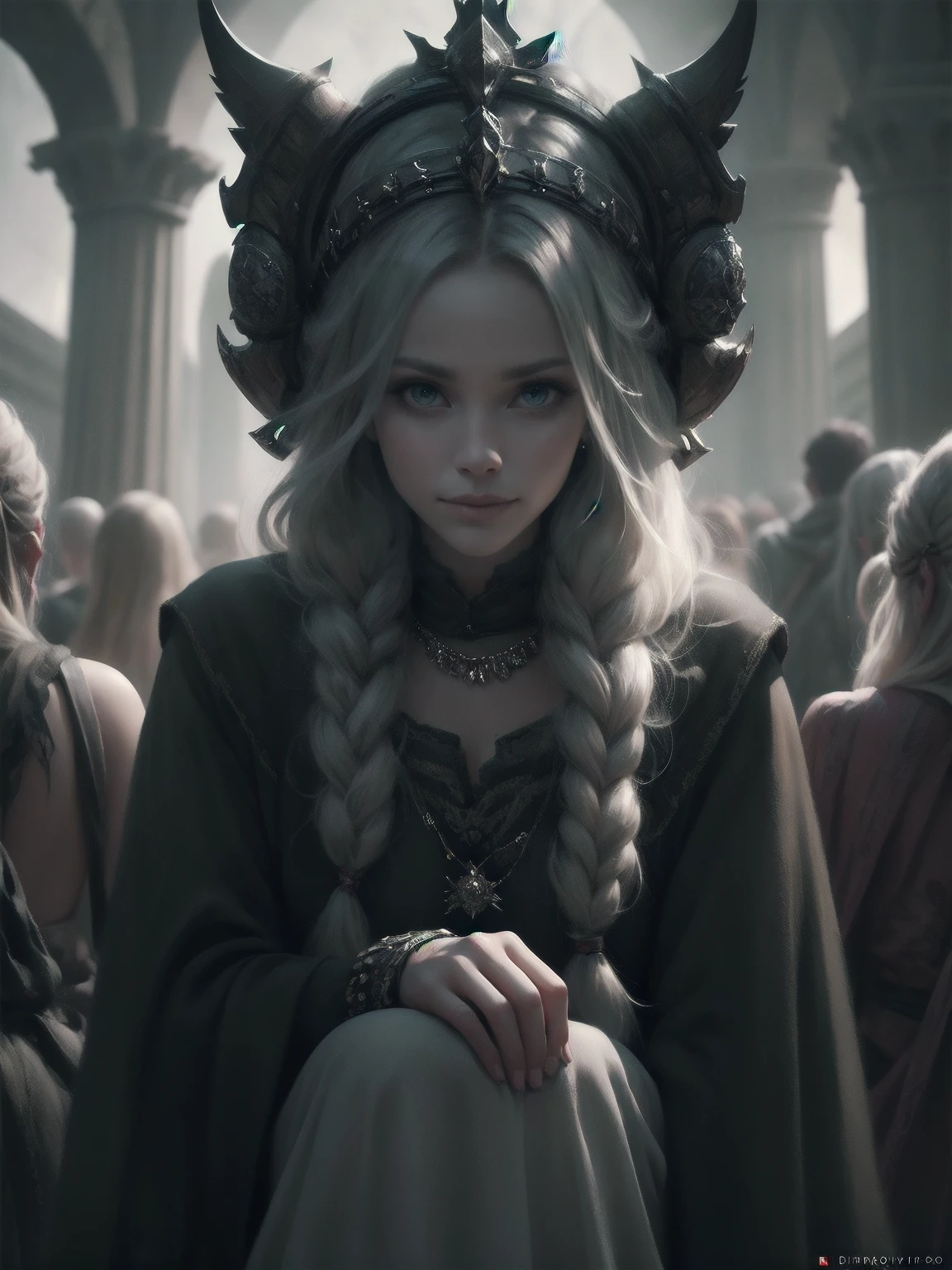 {-erro_de_anatomia:1.0} woman 30 years old, north,viking clothes, (nordic dress), dark castle, a woman (lagherta), very long blond hair (blond hair), (gray eyes) . Indifferent look , merciless. among the gods, dinamic poses, egoist smile, upper body, sitting on the ground