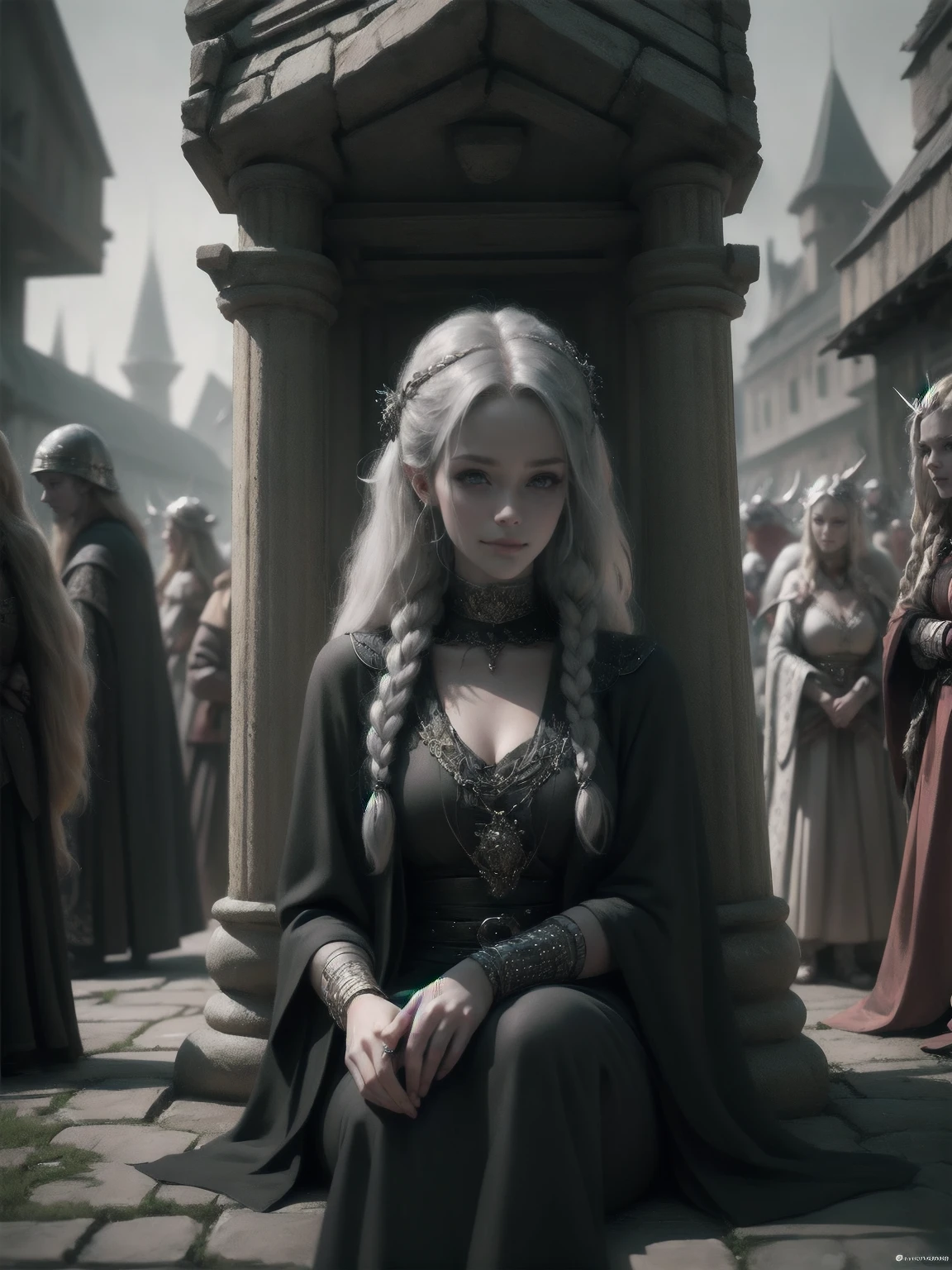{-erro_de_anatomia:1.0} woman 30 years old, north,viking clothes, (nordic dress), dark castle, a woman (lagherta), very long blond hair (blond hair), (gray eyes) . Indifferent look , merciless. among the gods, dinamic poses, egoist smile, upper body, sitting on the ground