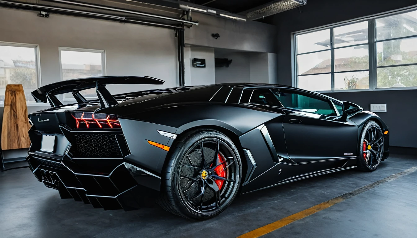 Black car garage inside a super lambo parked car in blueHigh Resolution, Best Quality, Detail, High Details, Quality, Super Detailed, UHD,