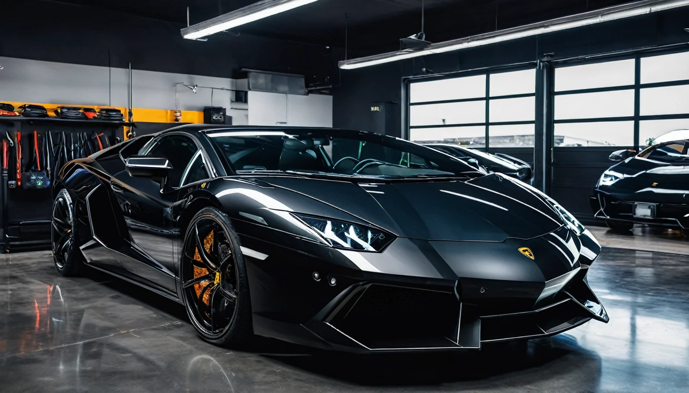 Black car garage inside a super lambo parked car in blueHigh Resolution, Best Quality, Detail, High Details, Quality, Super Detailed, UHD, 