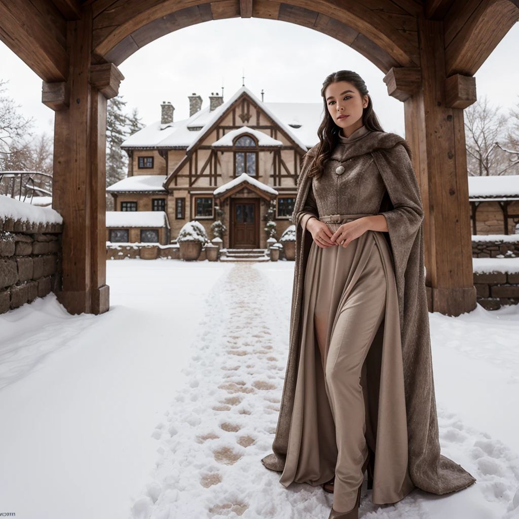 generated a full body of a 25 years old white woman with dark brown hair, posing in the Castle of Winterfell from the TV show "Game of Thrones." The setting should include the distinctive architectural elements of Winterfell, such as its stone walls, ancient wooden doors, and snowy surroundings, she wear an outfit includes a long, dark, elegant gown with intricate detailing and fur accents, she pose should be regal and confident, capturing the essence of a noble lady in the North