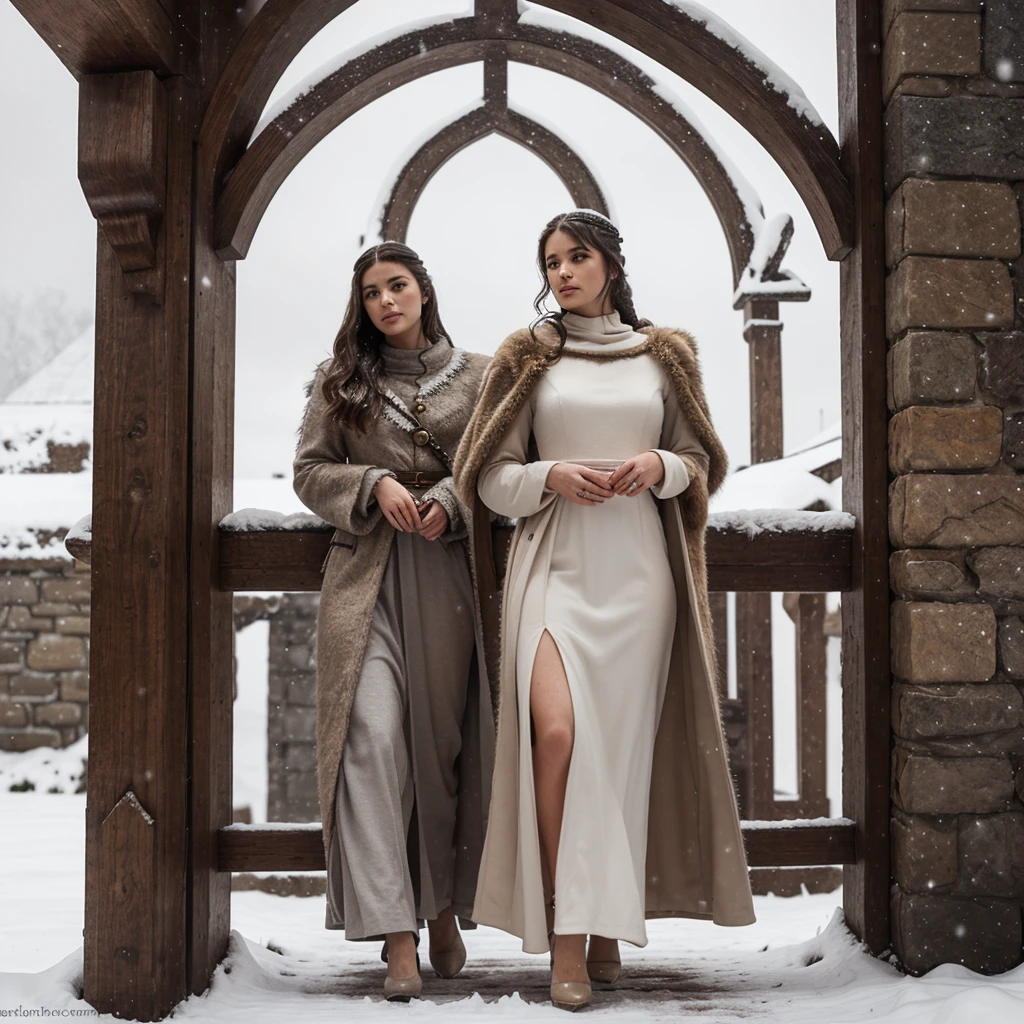 generated a full body of a 25 years old white woman with dark brown hair, posing in the Castle of Winterfell from the TV show "Game of Thrones." The setting should include the distinctive architectural elements of Winterfell, such as its stone walls, ancient wooden doors, and snowy surroundings, she wear an outfit includes a long, dark, elegant gown with intricate detailing and fur accents, she pose should be regal and confident, capturing the essence of a noble lady in the North