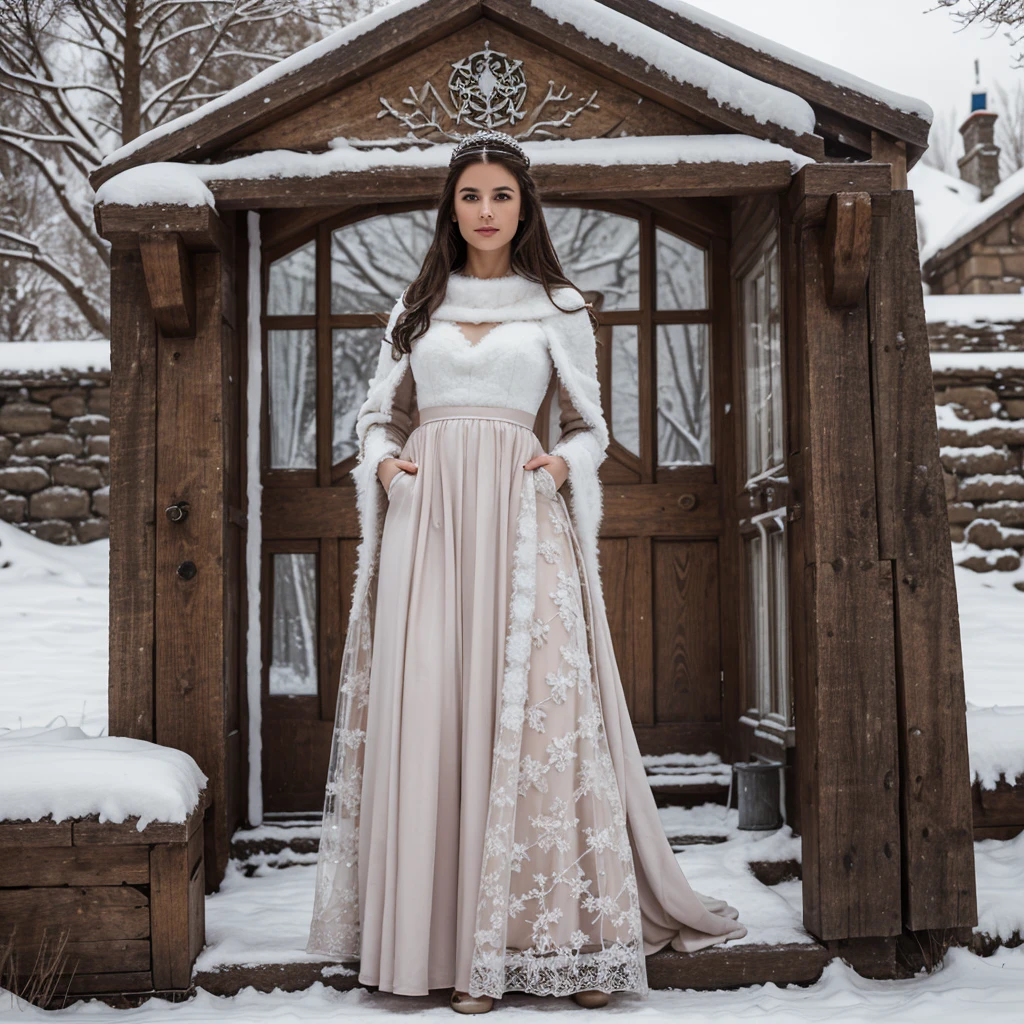 generated a full body of a 25 years old white woman with dark brown hair, posing in the Castle of Winterfell from the TV show "Game of Thrones." The setting should include the distinctive architectural elements of Winterfell, such as its stone walls, ancient wooden doors, and snowy surroundings, she wear an outfit includes a long, dark, elegant gown with intricate detailing and fur accents, she pose should be regal and confident, capturing the essence of a noble lady in the North