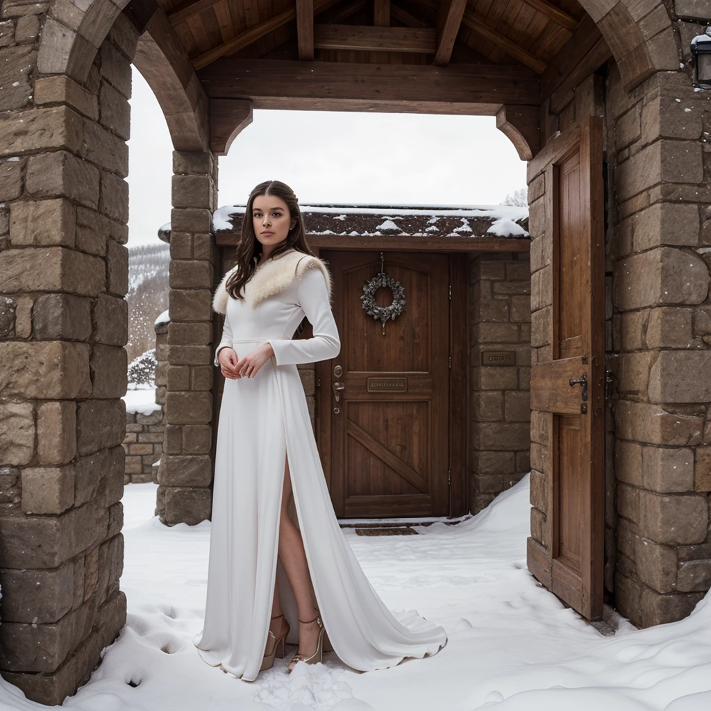 generated a full body of a 25 years old white woman with dark brown hair, posing in the Castle of Winterfell from the TV show "Game of Thrones." The setting should include the distinctive architectural elements of Winterfell, such as its stone walls, ancient wooden doors, and snowy surroundings, she wear an outfit includes a long, dark, elegant gown with intricate detailing and fur accents, she pose should be regal and confident, capturing the essence of a noble lady in the North