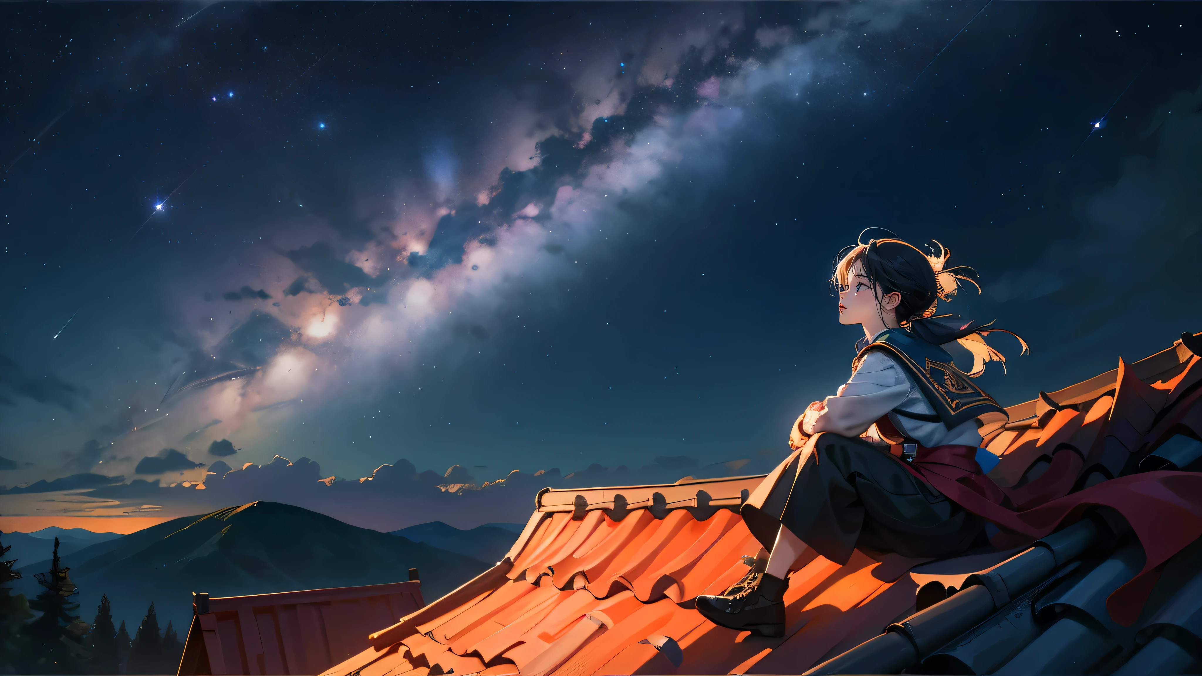 Girl sitting on roof，night，Shining Milky Way（A meteor crosses），Panoramic View，Scenic horizon，Look up at the viewpoint，roof，A breeze in the wind，8K high definition art，Best image quality。