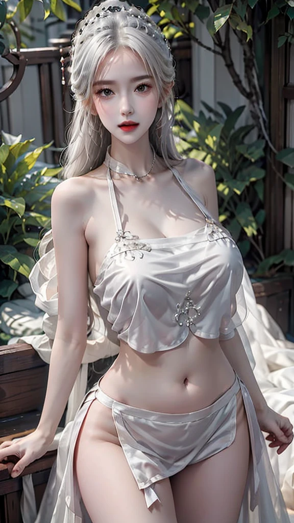 lifelike, High resolution, soft light,1 female, alone, Hips raised, (Detailed face), jewelry, Clothing skyline, white hair, Red ten-bellied beans with beautiful breasts、huge breasts:1.4，plump breasts