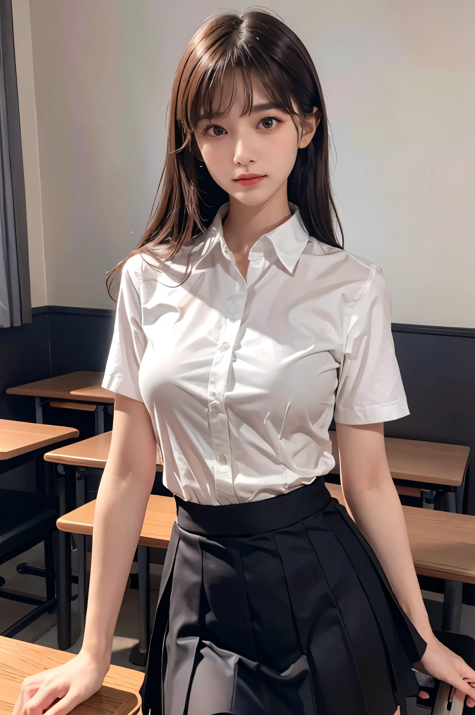 (Ultra HD), (School uniform with short sleeves, White collared shirt, Black Skirt), (Big Breasts:1.5), (Slimness:1.8), whole body, (Clean and shiny skin, Whitening, No makeup), (Super slender face, Super beautiful face, Delicate face), (long hair, Layered Cut, Fluffy hair,light brown), (Patchy double eyelids, Slanted Eyes), Small Nose, Thin lips, Thin legs, lecture hall