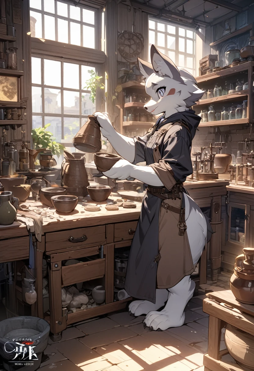 cover page, highres, top quality, best quality, paid reward available, unparalleled masterpiece, perfect artwork, absurdres, High-quality illustrations, super high resolution, detailed background, perfect anatomy(1boy, solo, kemono, furry anthro, alchemist, Experimenting)many pottery, in room with many windows, in cluttered lab, in steampunk laboratory, fantasy alchemist laboratory, weapon shop interior, cinematic lighting,