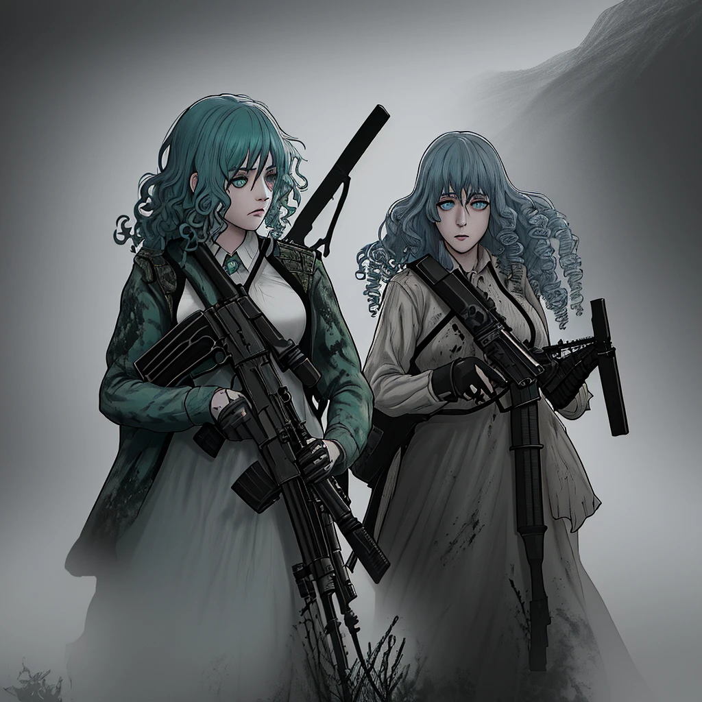 A girl with light blue curly hair, dark green eyes, wearing bloodstained hunting clothes, holding an AK47 rifle, hyper realistic, intricate details, cinematic lighting, dramatic shadows, gritty, dark fantasy, moody colors, warm tones
