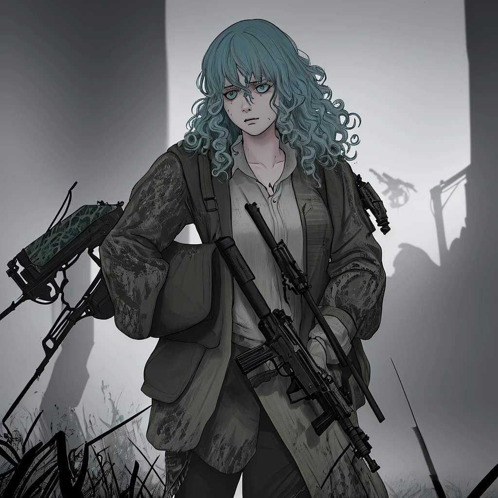 A girl with light blue curly hair, dark green eyes, wearing bloodstained hunting clothes, holding an AK47 rifle, hyper realistic, intricate details, cinematic lighting, dramatic shadows, gritty, dark fantasy, moody colors, warm tones
