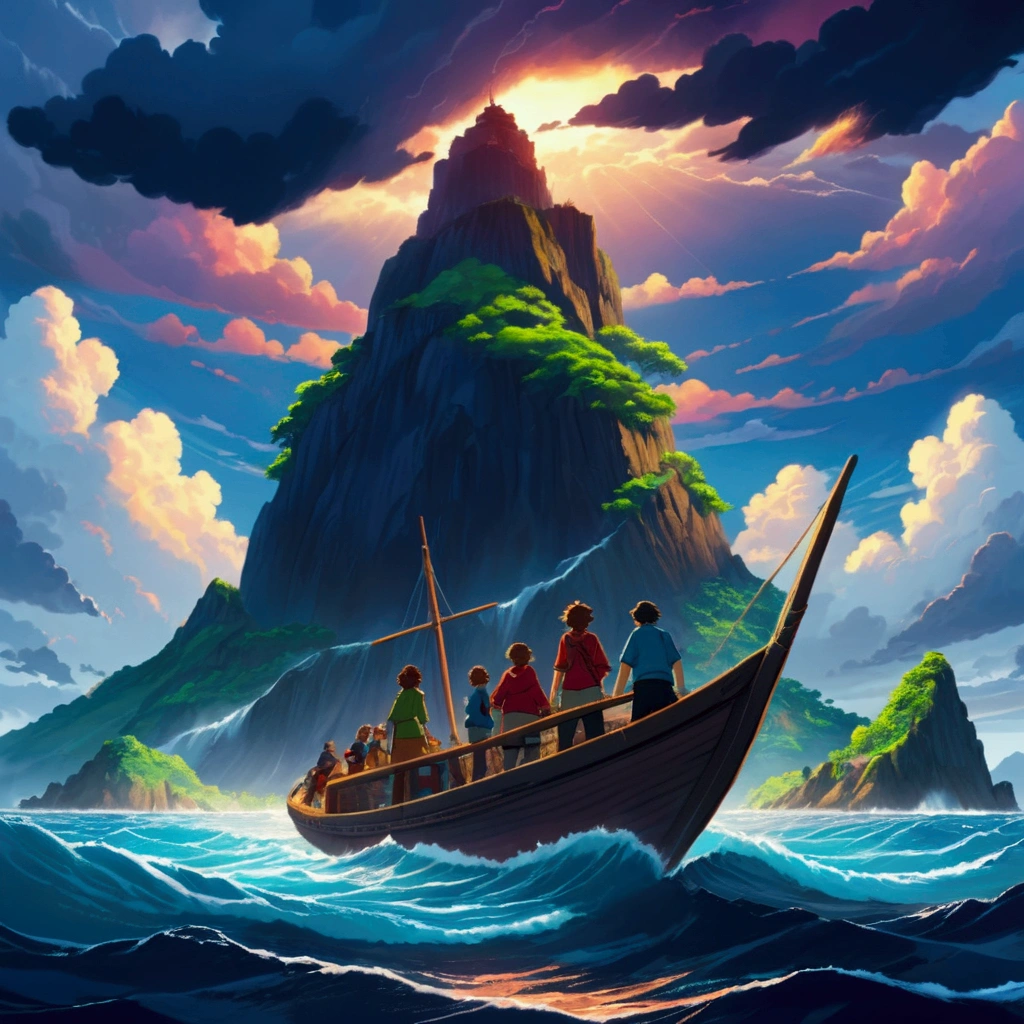 (masterpiece, best quality, vivid colors:1.2) a mysterious island that can be seen in the distance from a boat