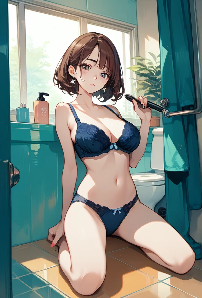 masterpiece, best quality, mature woman, Fukada Eimi, Eimi Fukada, brunette hair, sharp eyes, curvy body, bathroom, kneeling, bra, panties, besides urinal