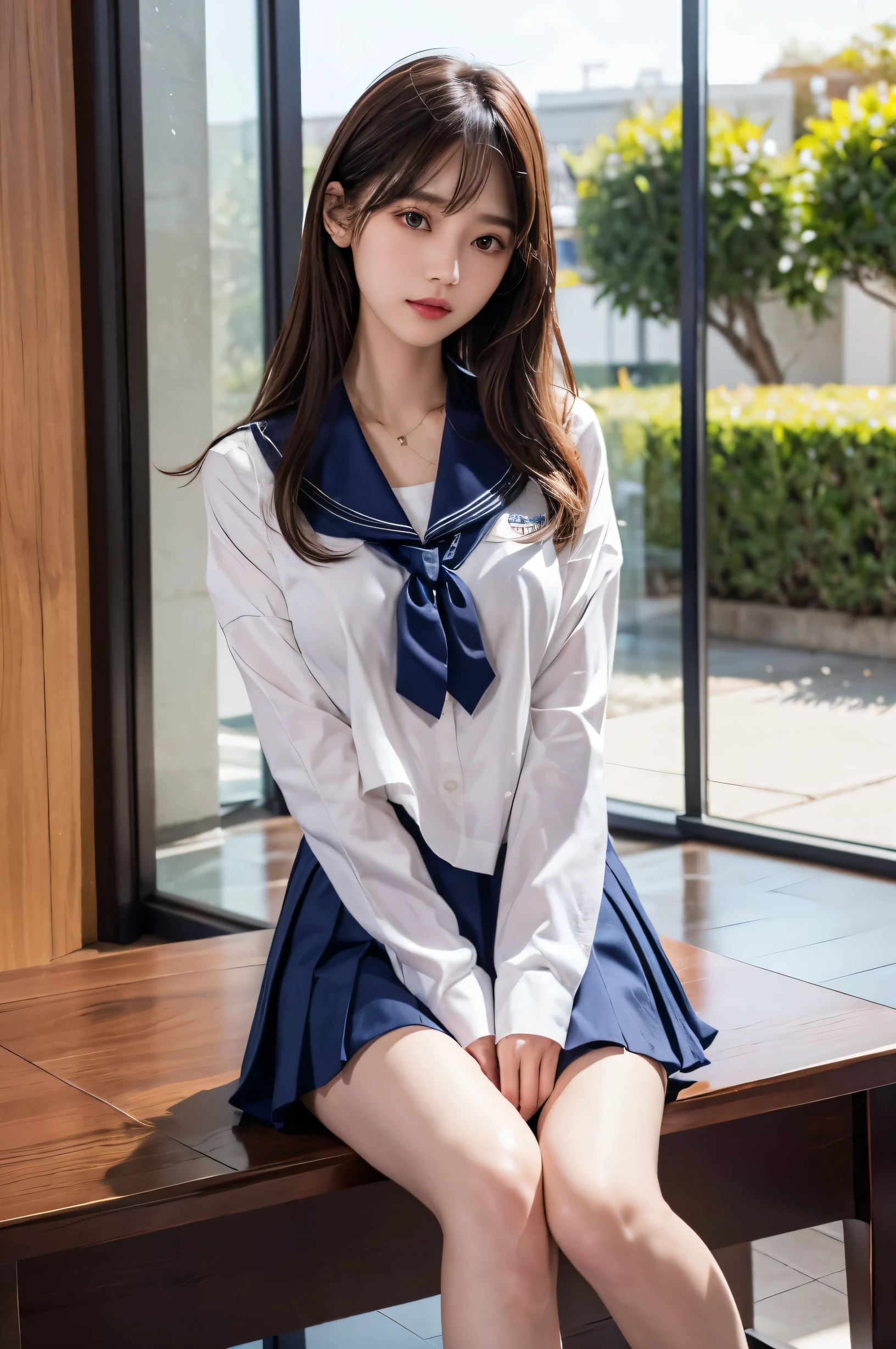 (ultra HD), (Sailor suit, Navy blue mini skirt), Big Breasts, Slender, whole body, (Clean and shiny skin, Whitening, No makeup), (超Slenderな顔立ち, Super beautiful face, Delicate face), (long hair, Layered Cut, Fluffy hair,light brown), (Patchy double eyelids, Slanted Eyes), Small Nose, Thin lips, Thin legs, lecture hall