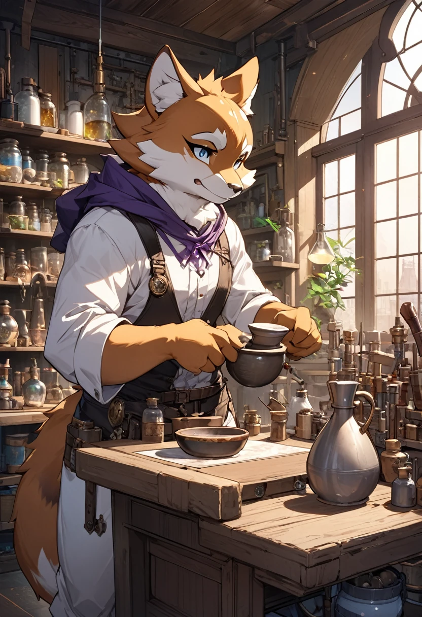 cover page, highres, top quality, best quality, paid reward available, unparalleled masterpiece, perfect artwork, absurdres, High-quality illustrations, super high resolution, detailed background, perfect anatomy(1boy, solo, kemono, furry anthro, alchemist, Experimenting)many pottery, in room with many windows, in cluttered lab, in steampunk laboratory, fantasy alchemist laboratory, weapon shop interior, cinematic lighting,