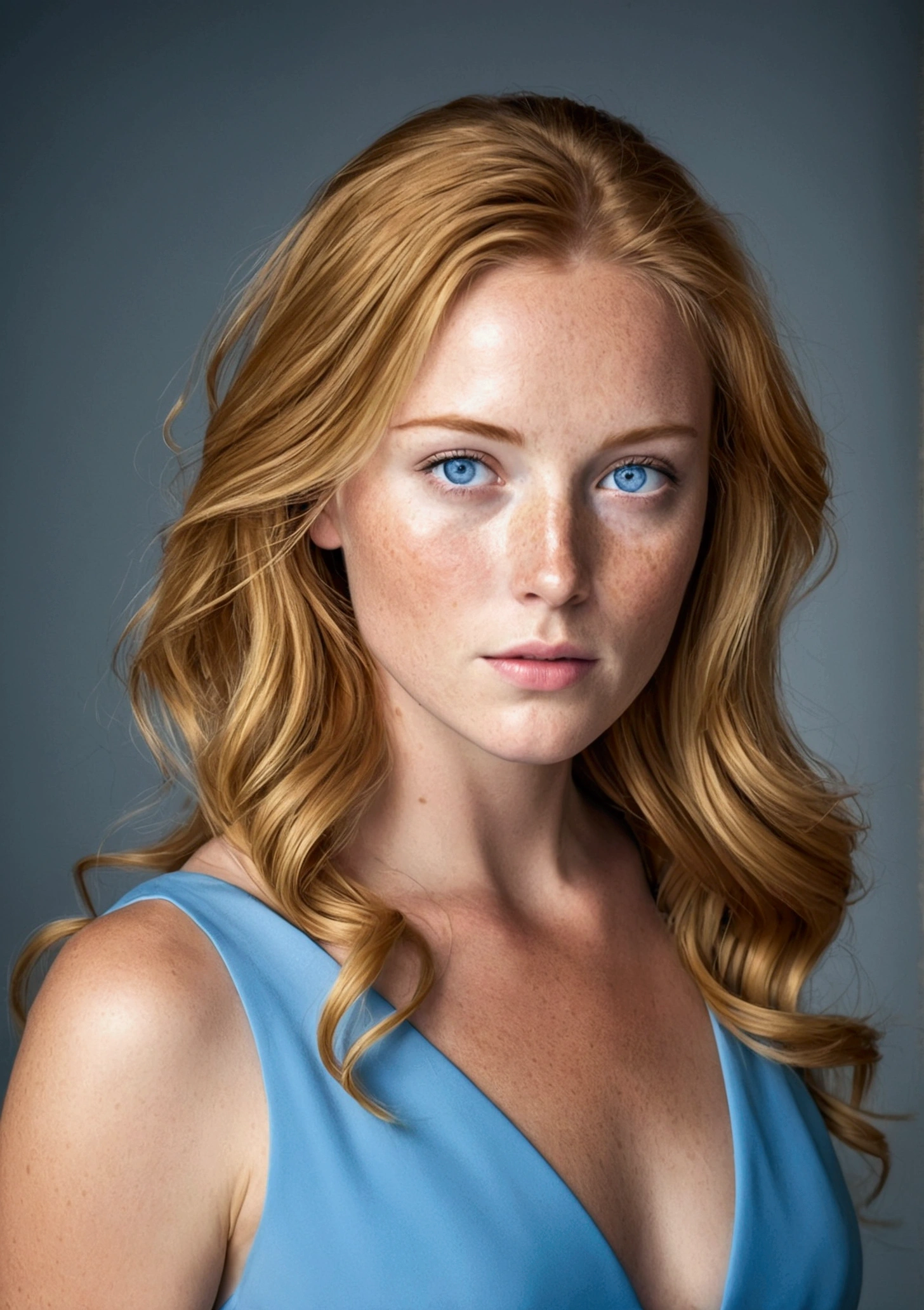 Honey-haired woman , clear blue eyes , with little freckles below your eyes. wearing a blue dress , whole body .