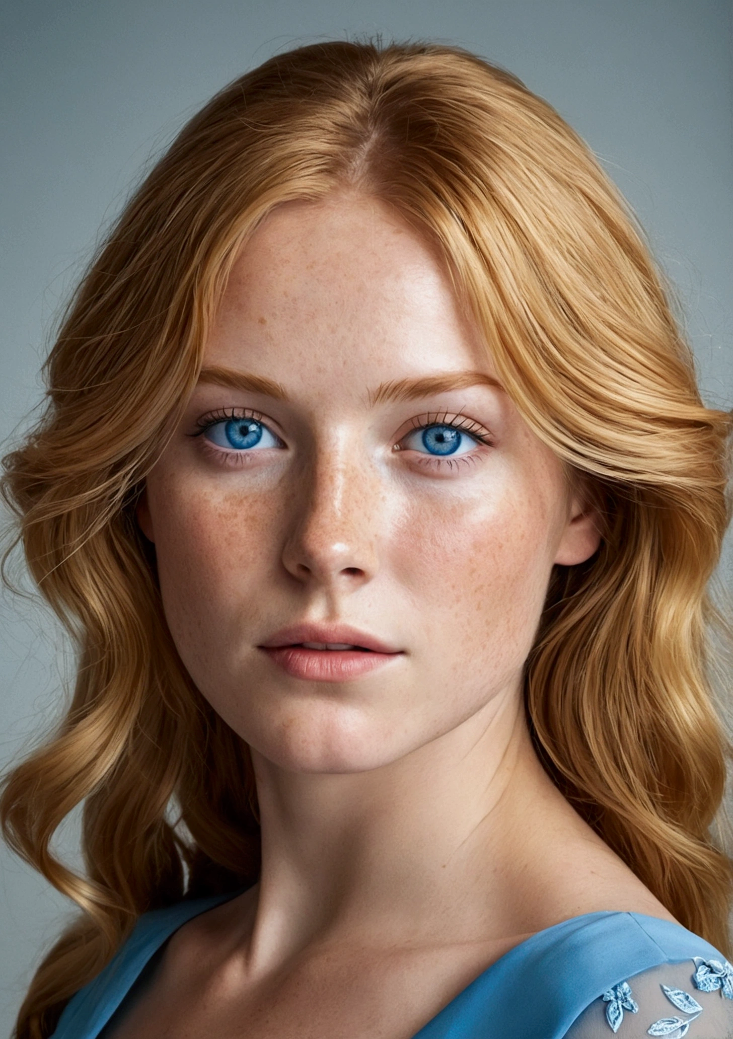 Honey-haired woman , clear blue eyes , with little freckles below your eyes. wearing a blue dress , whole body .