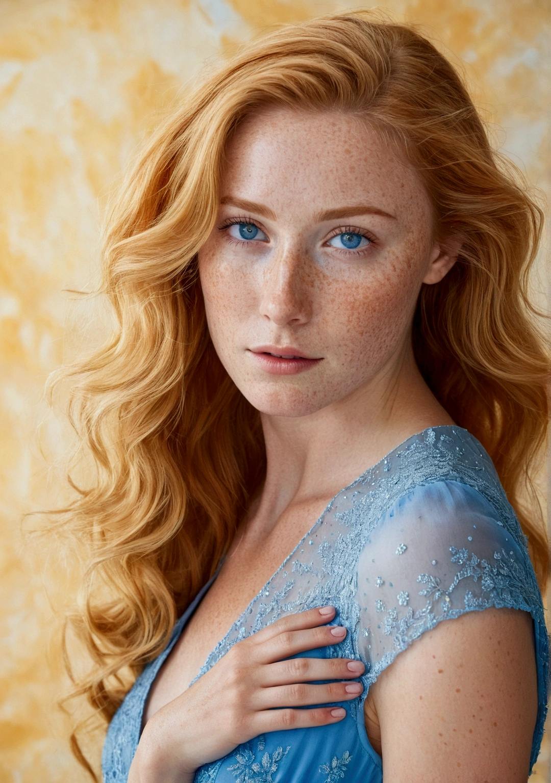 Honey-haired woman , clear blue eyes , with little freckles below your eyes. wearing a blue dress , whole body .