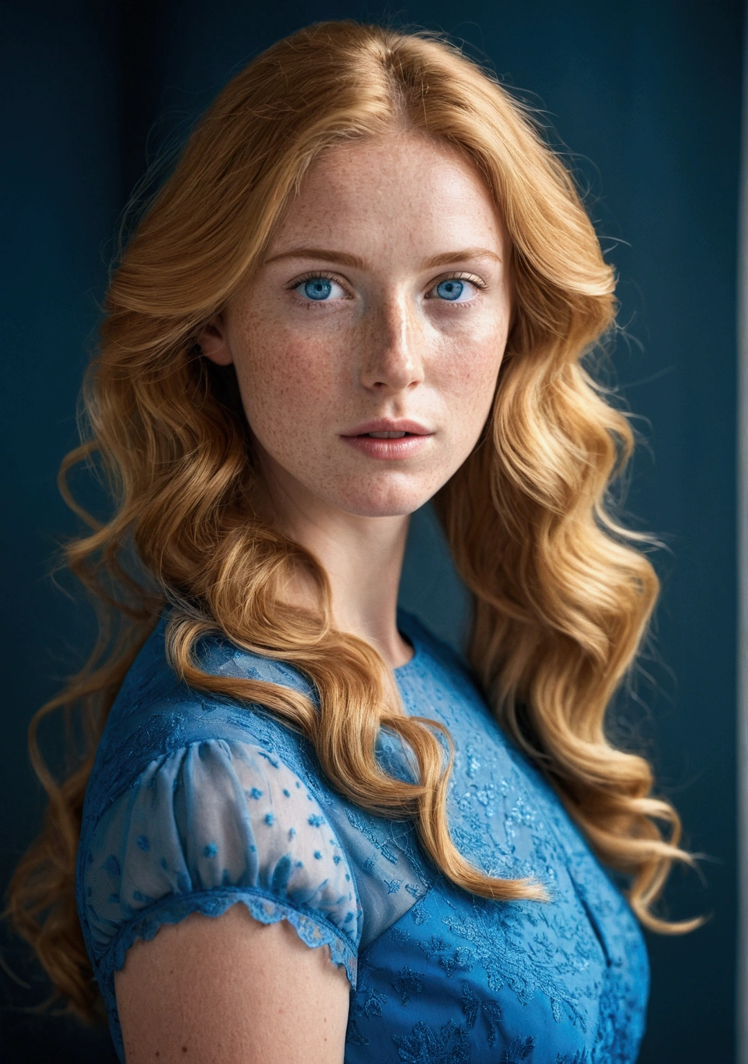 Honey-haired woman , clear blue eyes , with little freckles below your eyes. wearing a blue dress , whole body .