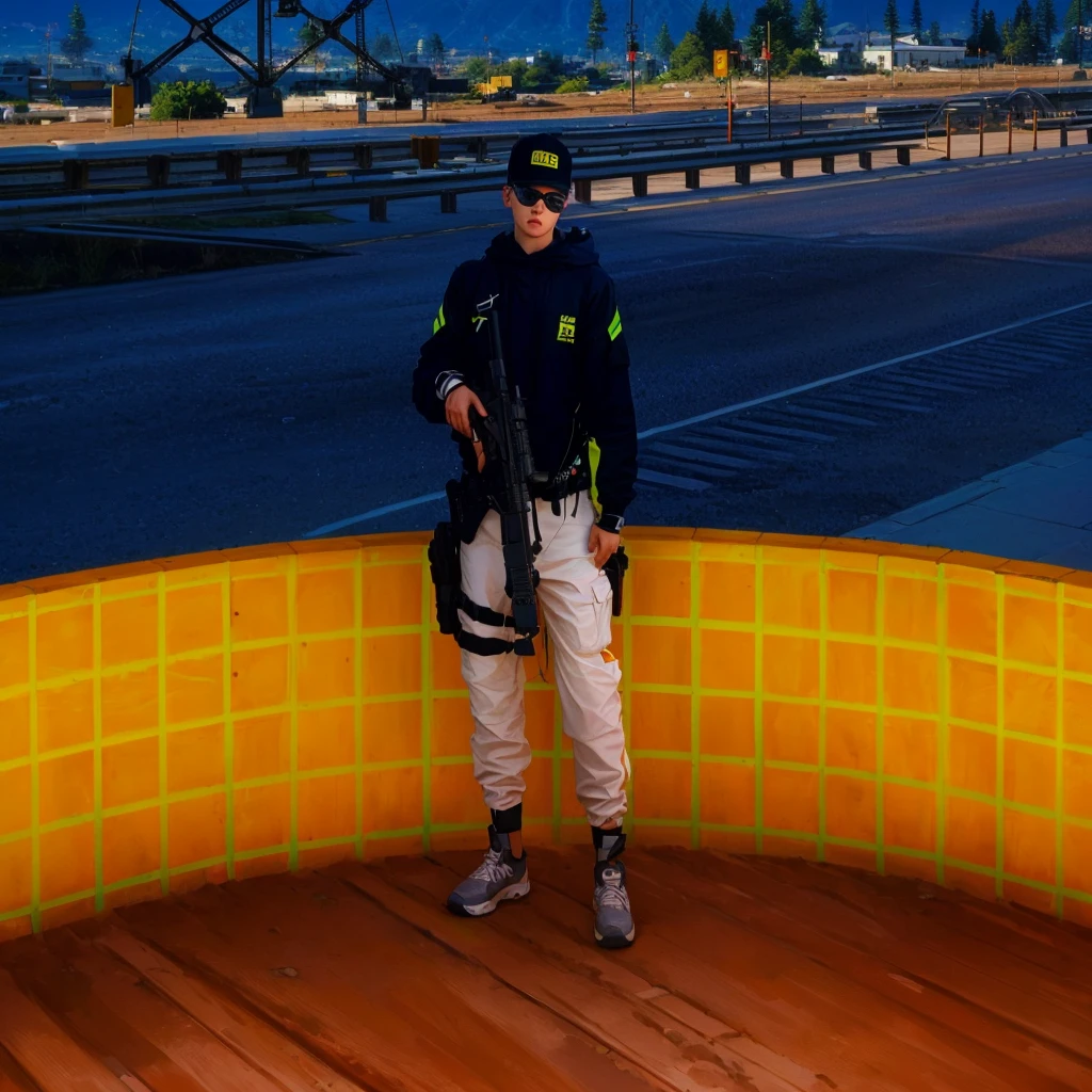 there&#39;s a man standing on a wooden floor with a gun, vestimentas: Policerman, police Policerman, hyper-detailed full-body photo, Security agent, police man!!, policeman, shooting pose, Policerman, police uniform, don&#39;t pose, police, gta character, smooth in _ o fundo, full body camera shot, in-game, in-game, in-game