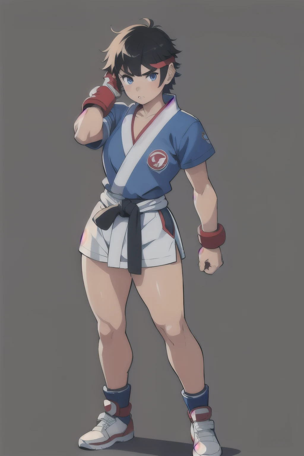 Ryu, street fighter, girl, cute, detailed facial features, piercing eyes, full lips, short hair, white martial arts uniform, red headband, standing pose, hands on waist, full body shot