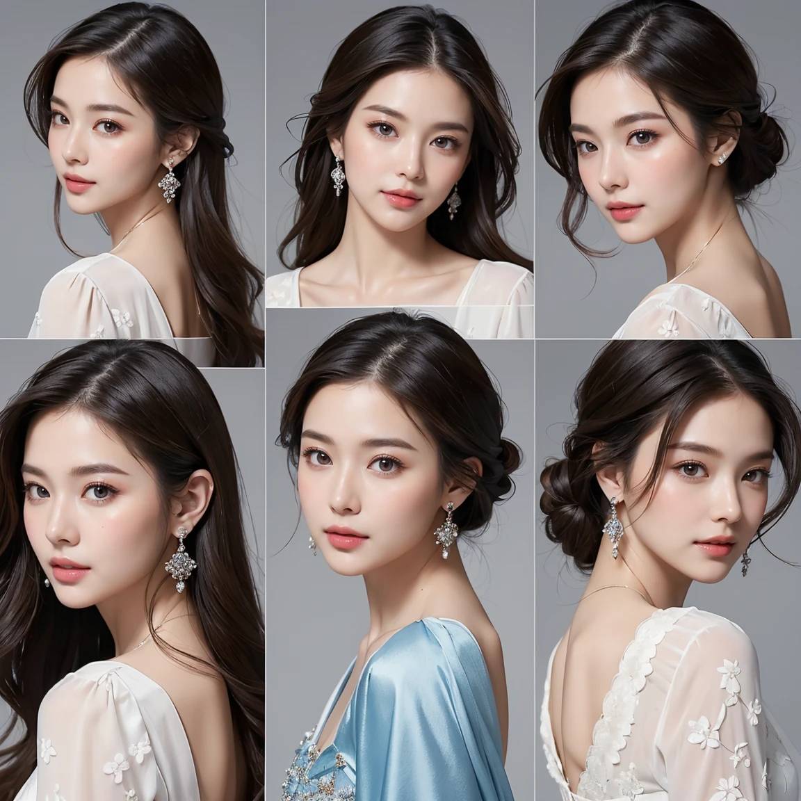 (masterpiece, best quality:1.5), ultra detailed, high resolution, 16k, the most beautiful face in the world, perfect face, delicate facial features, highly detailed beautiful face and eyes, shiny skin, highly detailed background, elaborately designed clothes, fine cloth texture, BREAK, the incarnation of beauty, goddess of beauty, incredibly beautiful close-up macro photos of gorgeous and stunning face, highest princess in gorgeous and luxurious jewelry, perfect make-up, deeply in love, best smile, full of elegance, blue dress, (three view drawing, front and back and side, character sheet:1.3)