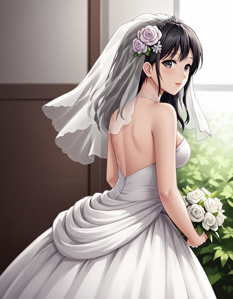 1girl, solo, black hair, hair ornament, dress, bare shoulders, flower, hair flower, white dress, veil, wedding dress