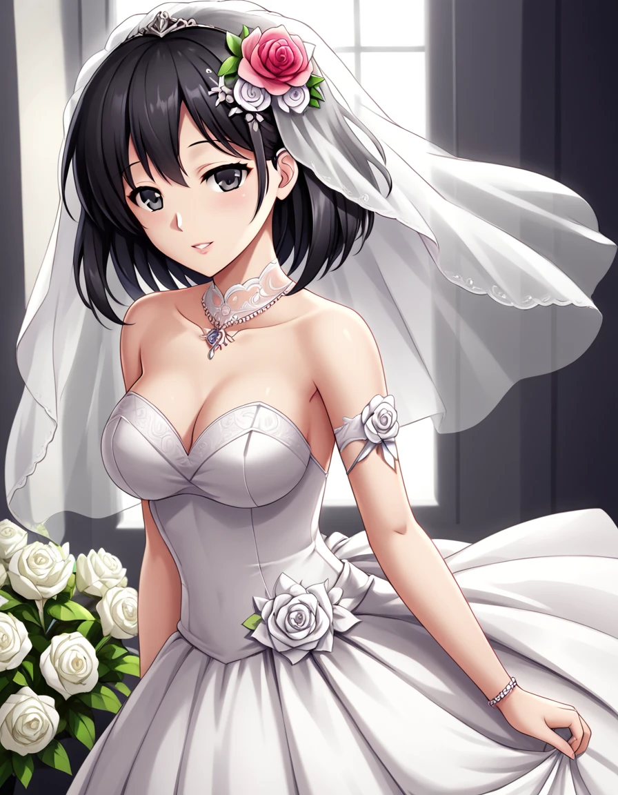 1girl, solo, black hair, hair ornament, dress, bare shoulders, flower, hair flower, white dress, veil, wedding dress
