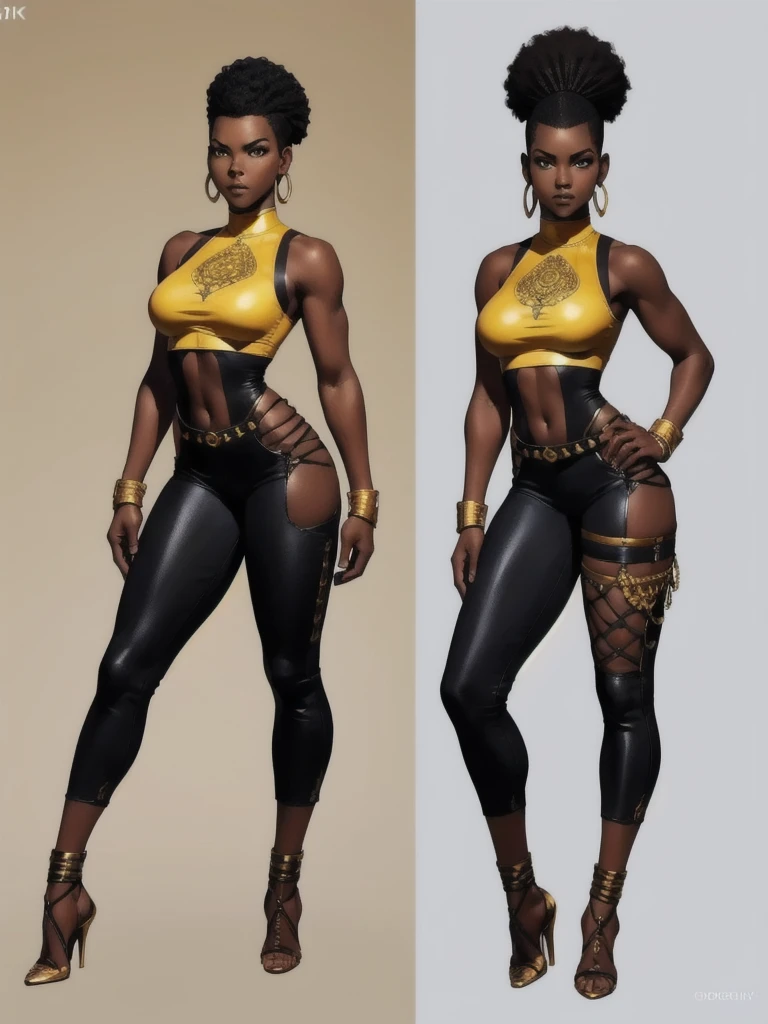 ((best quality)), ((4k)), ((highres)), ((masterpiece:1.2)). ((detailed)), ((ultra realistic)), ((intricate details)), ((full body picture)), ((character design sheet)), ((solo character)), a full body picture of a beautifull Ebony skinned female, black woman, dark skin, perfect face, detailed eyes, detailed lips, about 25 years old, about 5'5 ft. tall, punk black woman, punk style, afro-punk, afro-punk hair style, side shaved hair ((emphasis on her side shaved hair)), side-shaved afro hair style, ((emphasis on her side-shaved afro hair style)), muscular body, hourglass body type, thick and muscular, dressed in a golden top ((emphasis on her gold tank top)), and black leather pants, high heels, fighting game character concept art, tekken character design, the king of fighters character concept, full bofy, full body concept art, full body art

