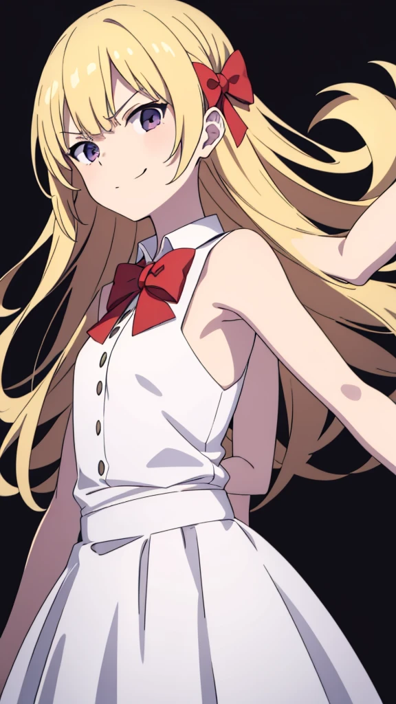 (1girl,10 years old),blonde hair,long hair,white dress, sleeveless, bow tie, bare shoulders,angry,smile,looking at view,extra arms,(simple background)