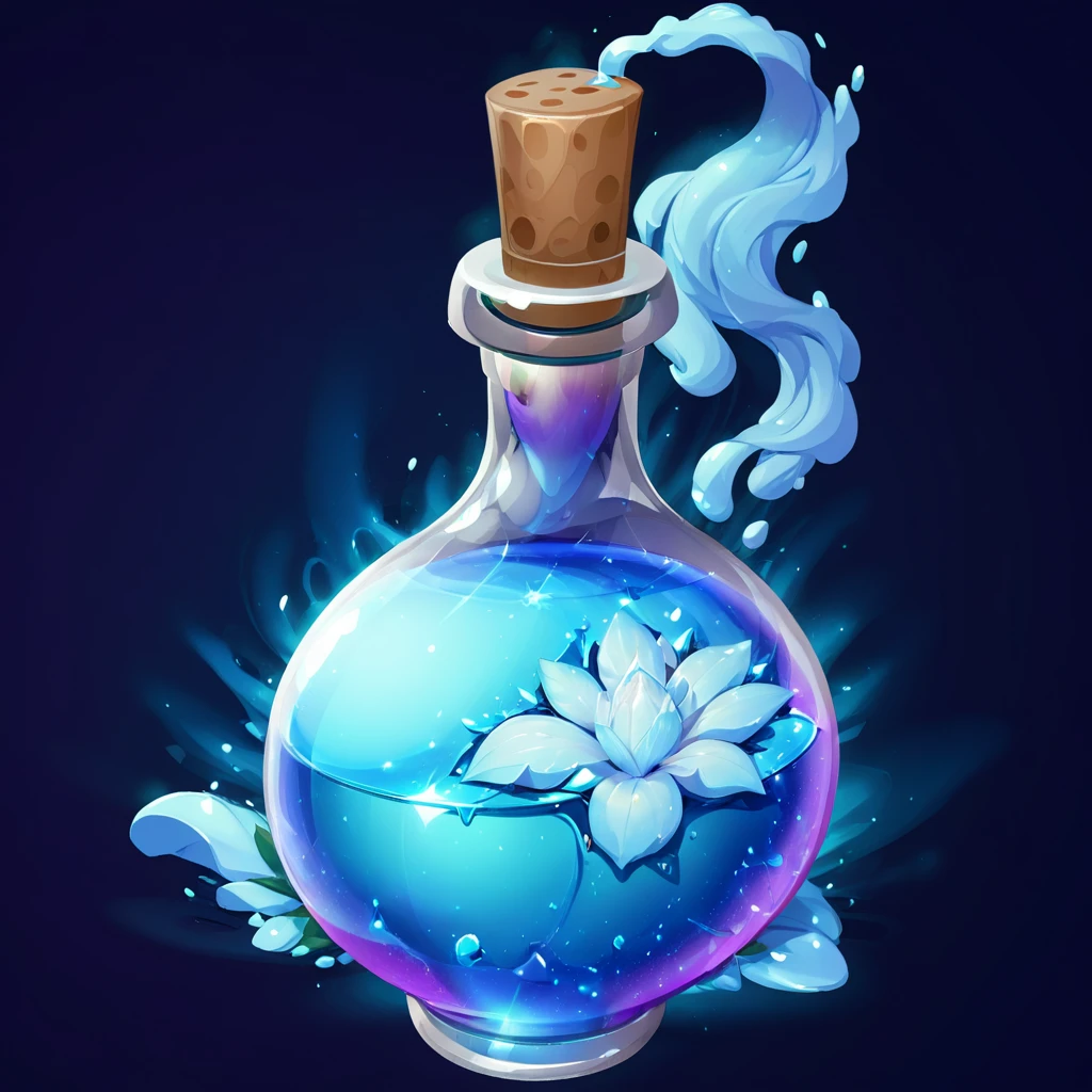 a detailed digital art mana potion, magical blue liquid blooming with 1 cork, dark background, game icon simple, detailed, high definition, vibrant colors