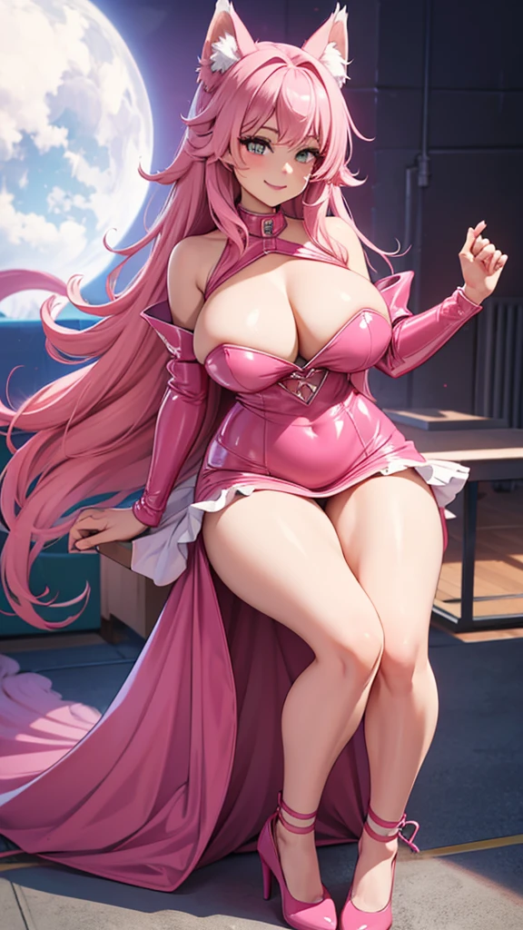 Happy , with wolf ears and pink hair, holding her cheeks, wolf tail, wearing a latex dress, looking at veiwer, full body, you can see her chest, naked breasts
