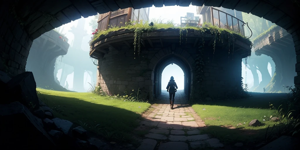 Equirectangular 360-degree panorama view photo with left and right ends seamlessly connected. first person, ((darkness)), fantasy, dungeon, role playing game