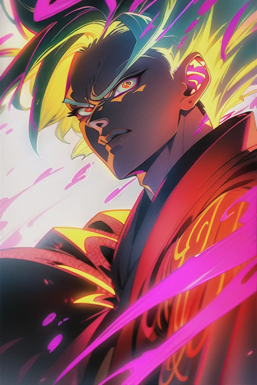 kurapika, japanese man, white hair, yellow eyes, red eyeliner, torn japanese kimono, monk pose, background light particles, hyper detailed, 8k, masterpiece, digital painting, cinematic lighting, dramatic, fantasy, moody, super saiyjin 4, son goku Gt, GT, ssj4