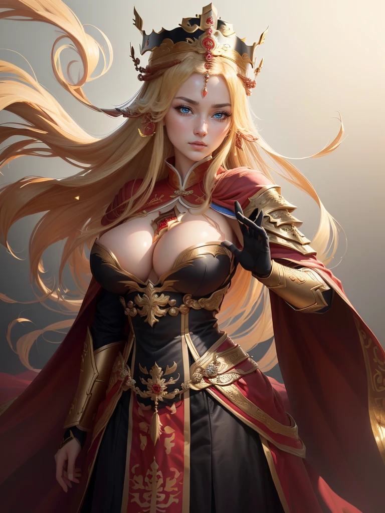 a painting of a woman in a red cape and a gold crown, inspired by Huang Shen, zhao yun, inspired by Li Kan, inspired by Huang Ding, inspired by Wu Bin, inspired by Fan Kuan, inspired by Cao Zhibai, inspired by Li Gonglin, bian lian, inspired by Zhao Yuan, xianxia hero, guan yu, Highly detailed CG unit 8k wallpaper, masterpiece, High resolution, highest quality, highest quality real texture skin, Super Real, Digital Painting, Best image quality, 最High resolution, 8k, (((Highly detailed eyes and face, Beautiful eyes every detail))), disproportionate breasts, huge breasts, sagging breasts, gigantic breasts, erect nipple,