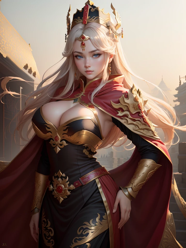 a painting of a woman in a red cape and a gold crown, inspired by Huang Shen, zhao yun, inspired by Li Kan, inspired by Huang Ding, inspired by Wu Bin, inspired by Fan Kuan, inspired by Cao Zhibai, inspired by Li Gonglin, bian lian, inspired by Zhao Yuan, xianxia hero, guan yu, Highly detailed CG unit 8k wallpaper, masterpiece, High resolution, highest quality, highest quality real texture skin, Super Real, Digital Painting, Best image quality, 最High resolution, 8k, (((Highly detailed eyes and face, Beautiful eyes every detail))), disproportionate breasts, huge breasts, sagging breasts, gigantic breasts, erect nipple,